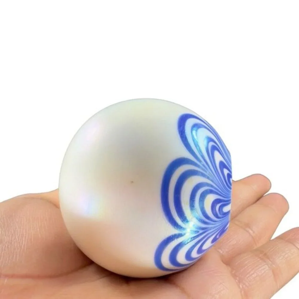 Vintage Art Glass Paperweight Round Orb White‎ Iridescent With Blue Swirls Lines